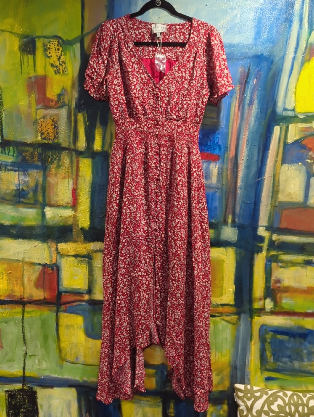 Hayden Los Angeles Red Floral Uneven Hem Split Dress Button Front Lined Size Sm